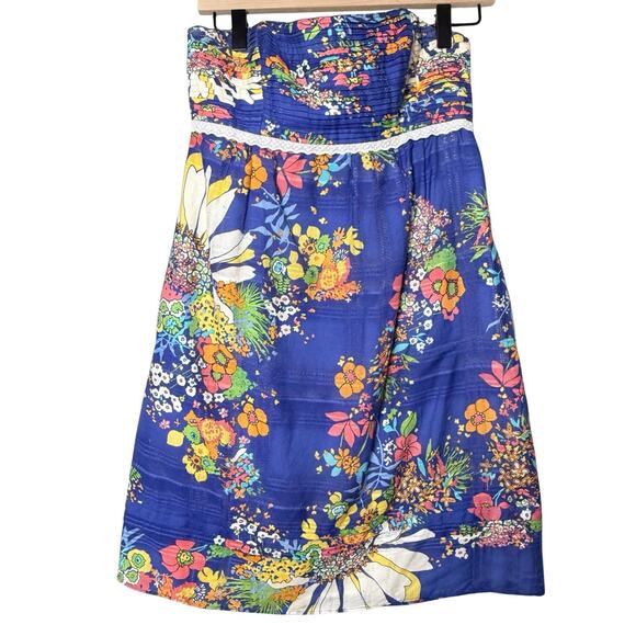 Shoshanna Dress Floral Blue Strapless Lined Cotton Silk Blend Mini Dress Women 2 - Picture 1 of 12
